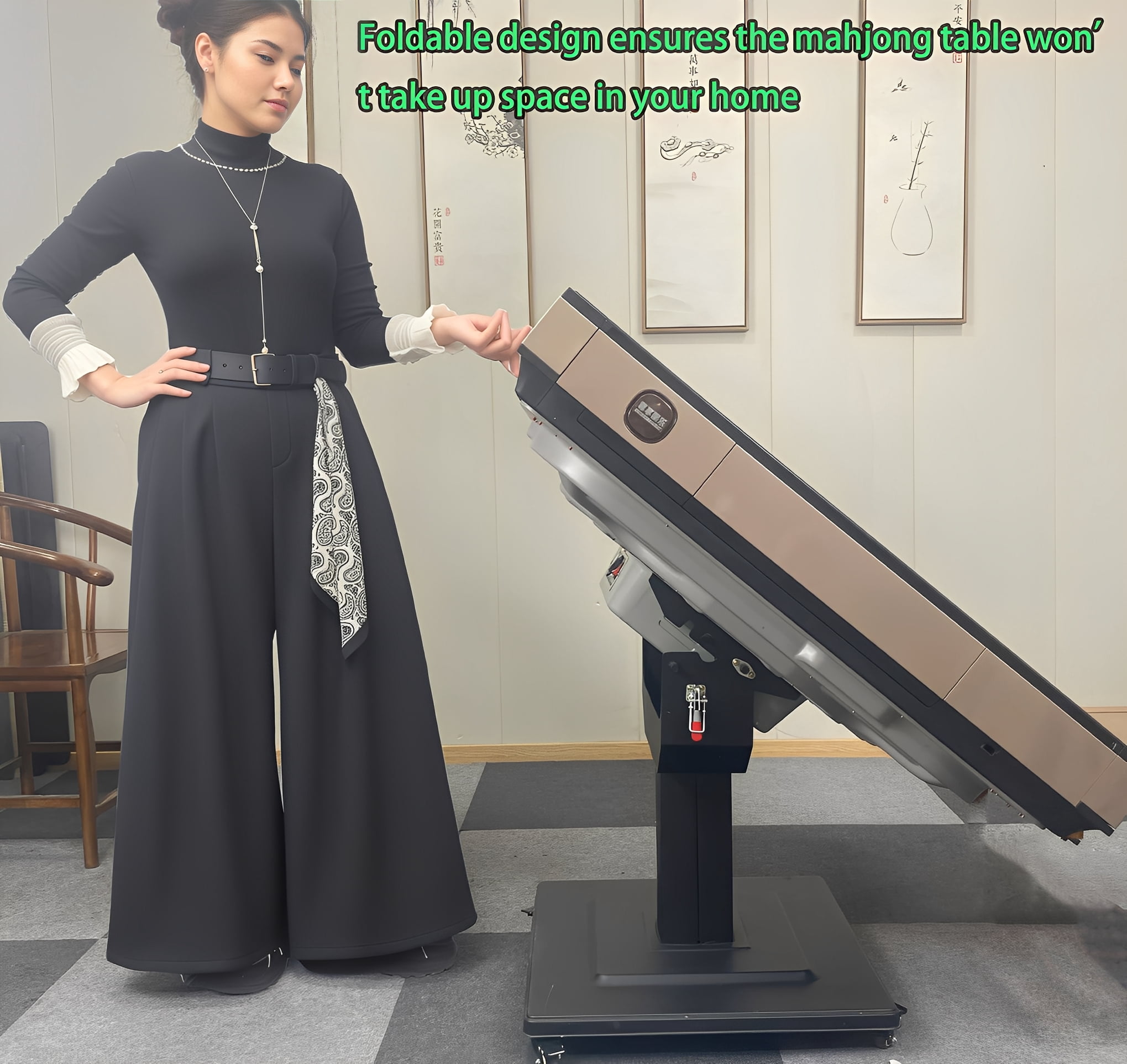 Foldable Automatic Mahjong Table with Wheels, 42mm Numbered Tiles (2 Sets), Portable Electric Mahjong Table for Home & Entertainment