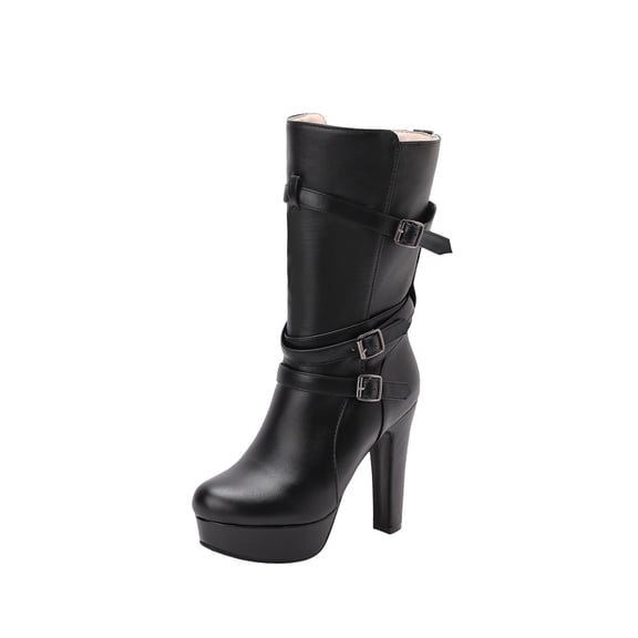 Black Belt Buckle Ankle Boots Thick High Heel Platform Women Casual Fall Winter Fashion Versatile Sweet Cool