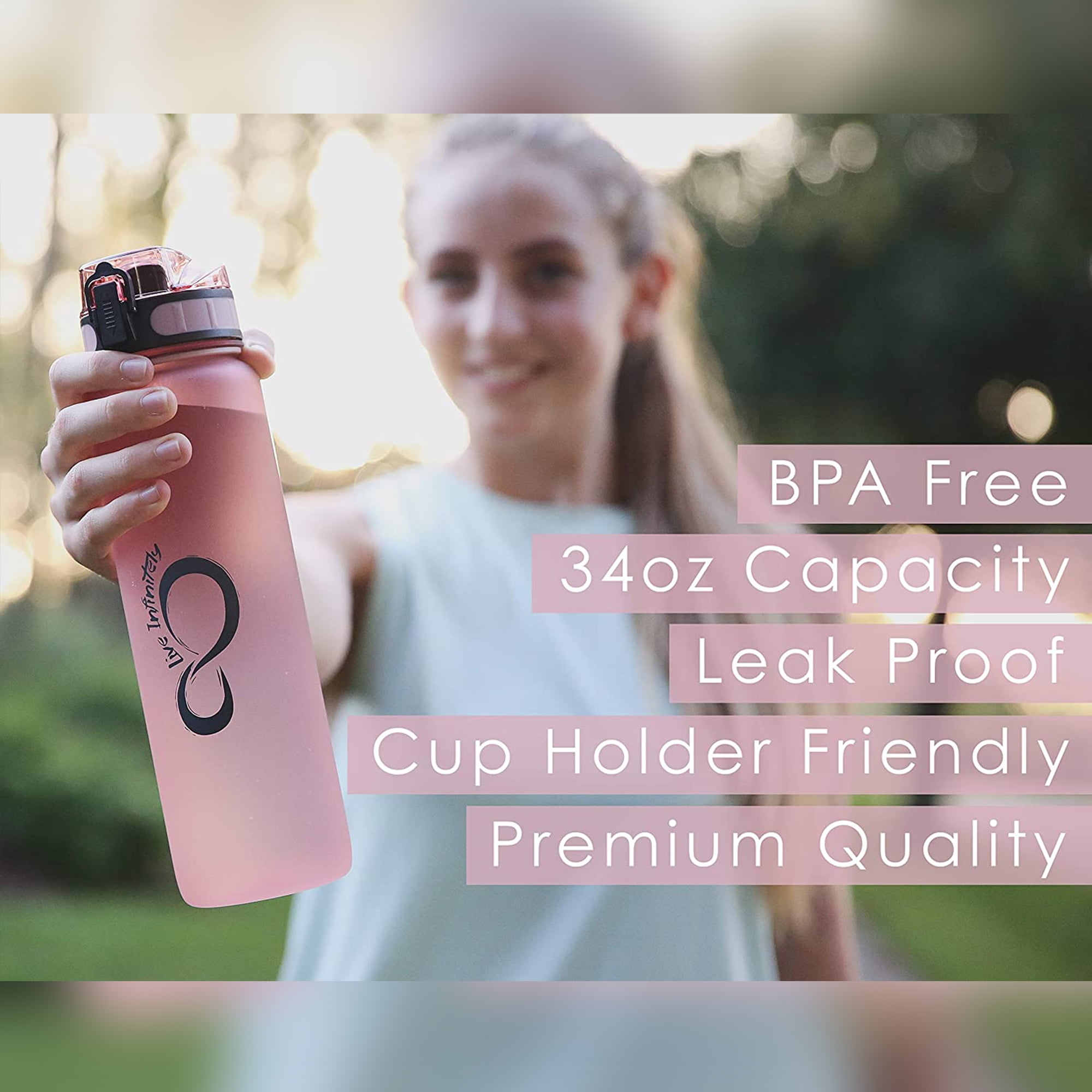 Live Infinitely Gym Water Bottle with Time Marker Fruit Infuser and Shaker 34 Oz Rose  (图2)
