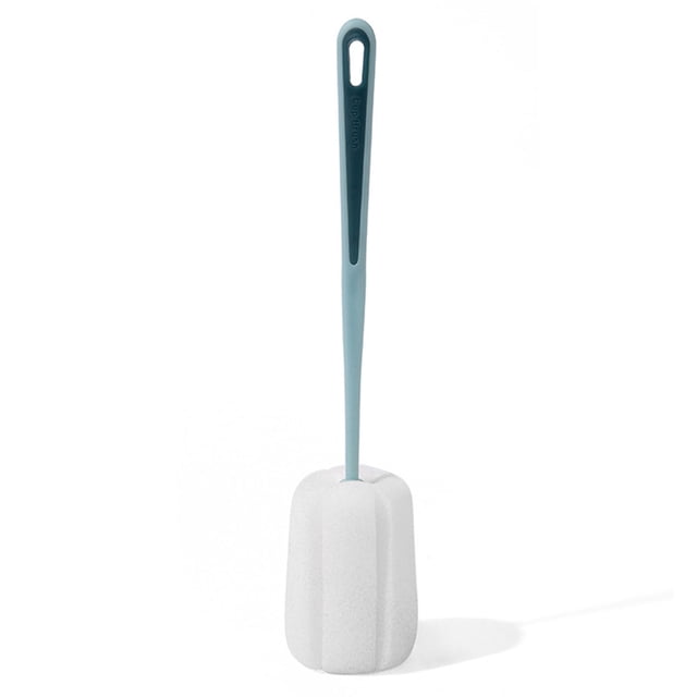Cepillo de esponja para botellas con mango largo, limpieza de 360°, elástico, flexible, con orificio para colgar, cepillo de esponja suave para limpiar botellas, color azul