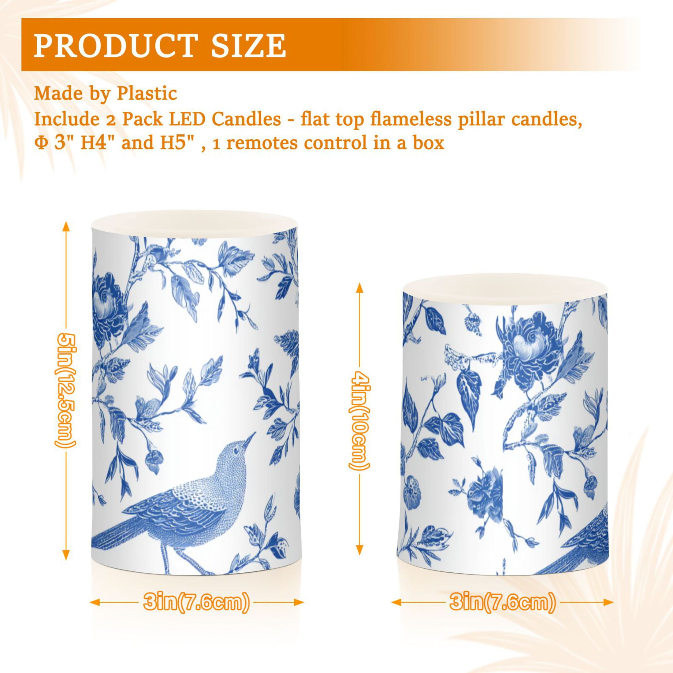 Blue Ink Birds Flowers Flickering Flameless Candles LED Tealight Battery Operated with Remote Set of 2 Holiday Decor Ornaments