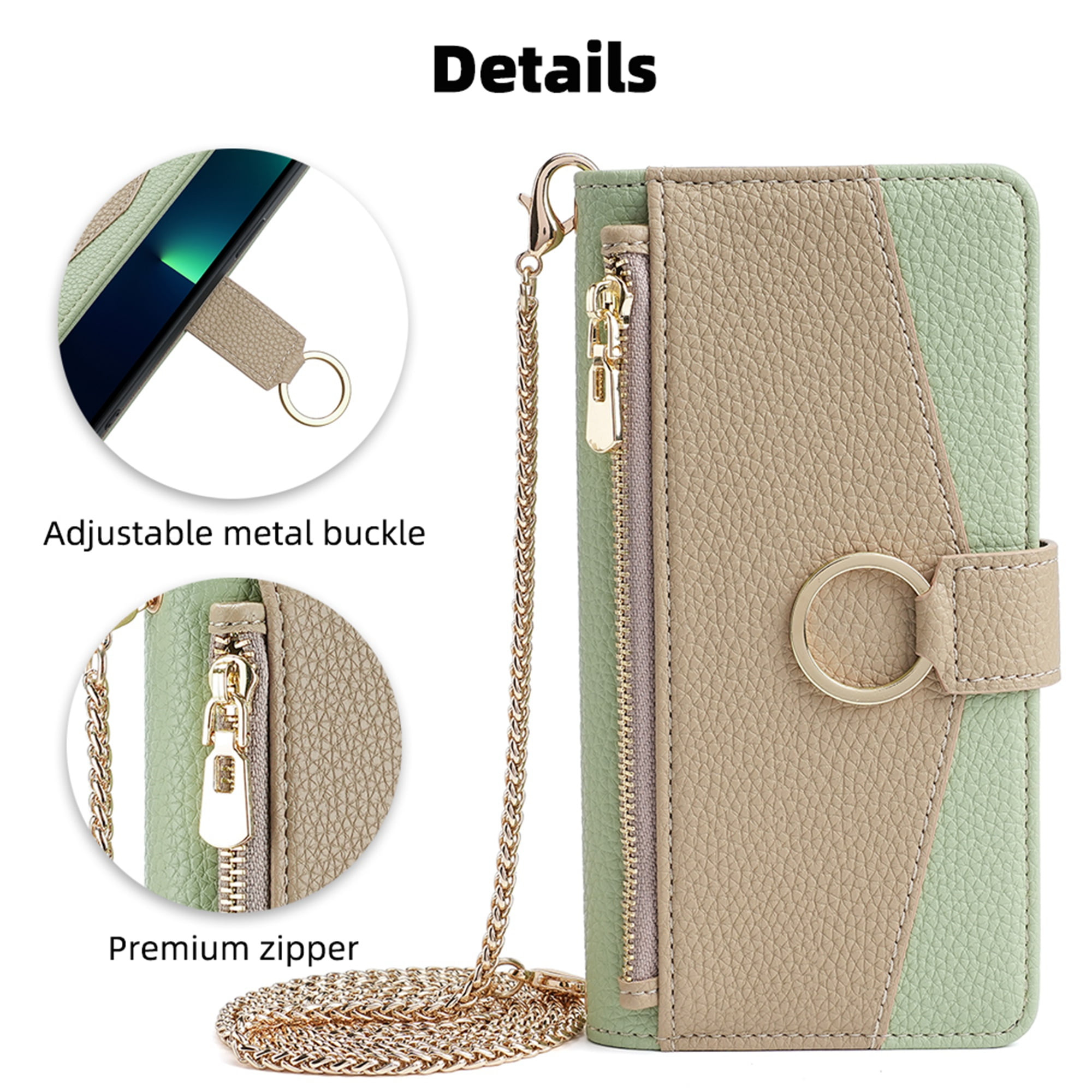Dteck Crossbody Wallet Case for iPhone 14 Pro Max, Premium Color-Blocking PU Leather Zipper Purse with Card Holder Mini Mirror for Women Girls, Folio Flip Phone Case with Magnetic Closure,Green