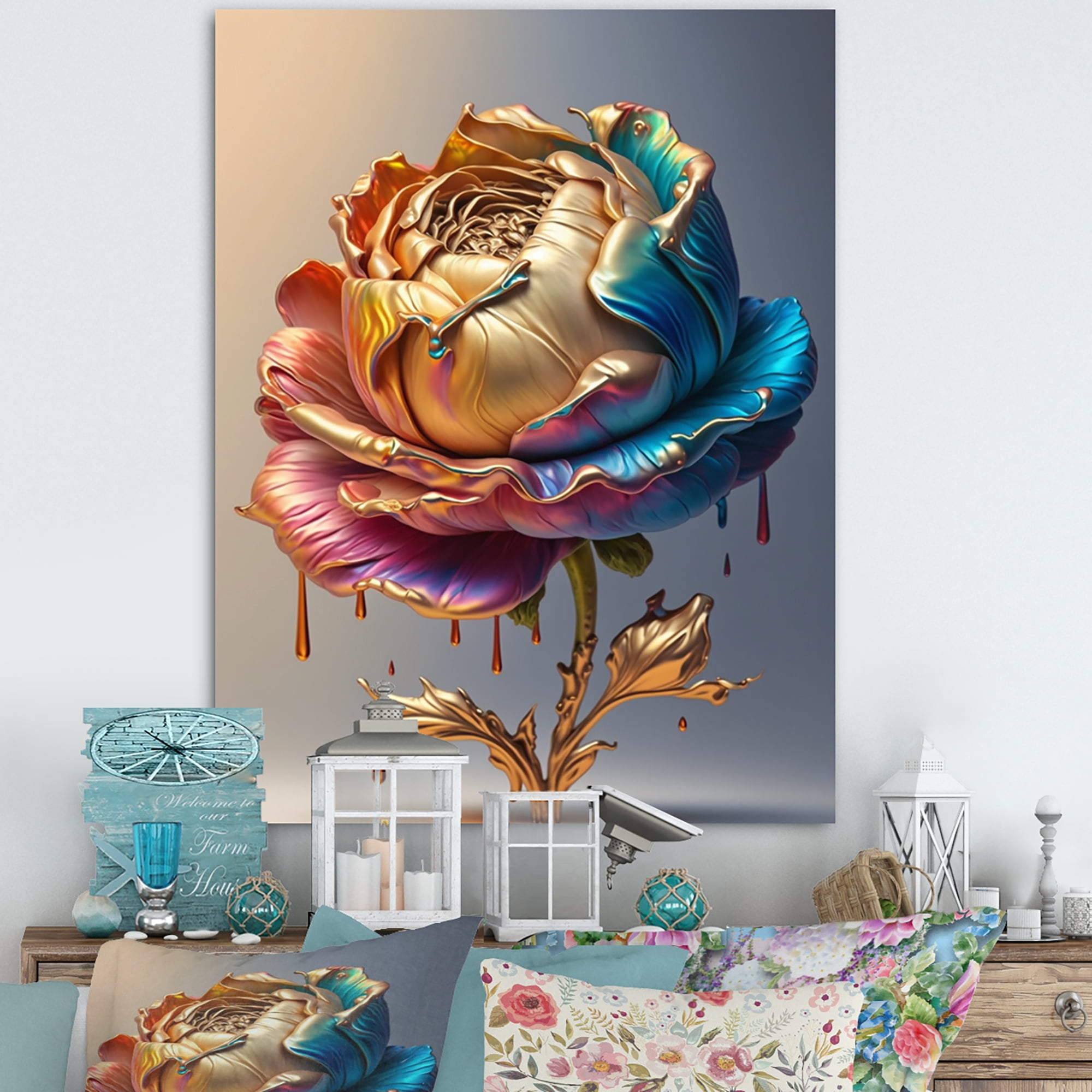 Designart Rainbow Peony Liquid Gold II Canvas Wall Art
