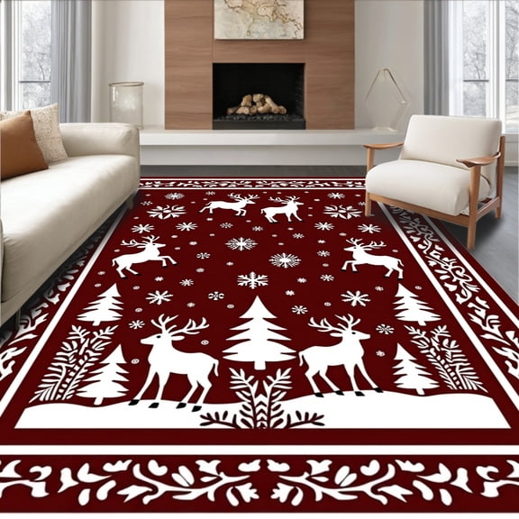 ODIKA 4'x6' Machine Washable Non-Slip Area Rug, Enchanted Winter Forest Nordic Yuletide Accent High Traffic Rug, Red, 733075