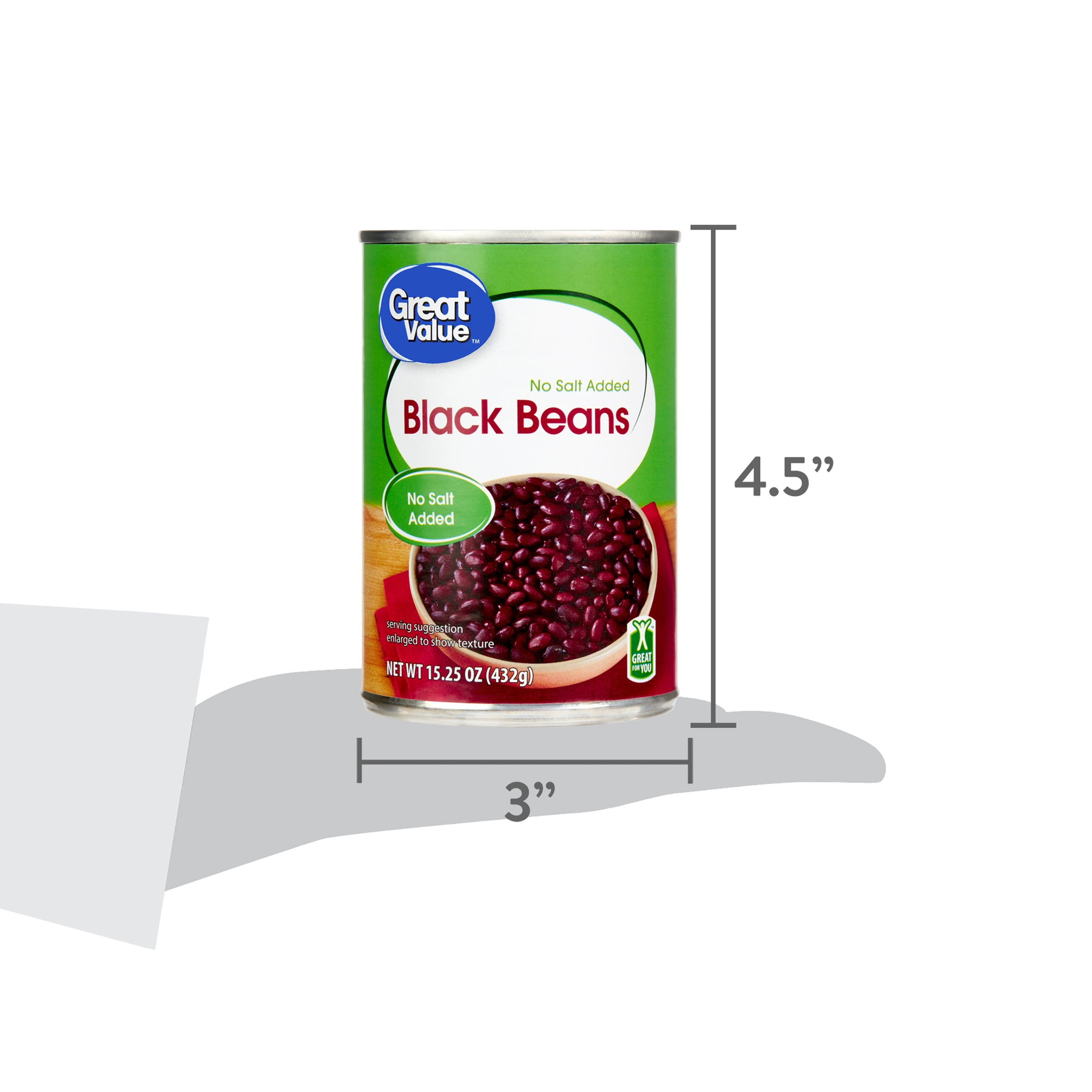 Great Value, No Salt Added, Canned Black Beans, 15 oz Can