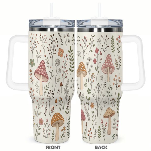 40oz Mushroom Floral Tumbler with Handle and Straw Botanical Wildflower Stainless Steel Insulated Travel Coffee Cup Gift