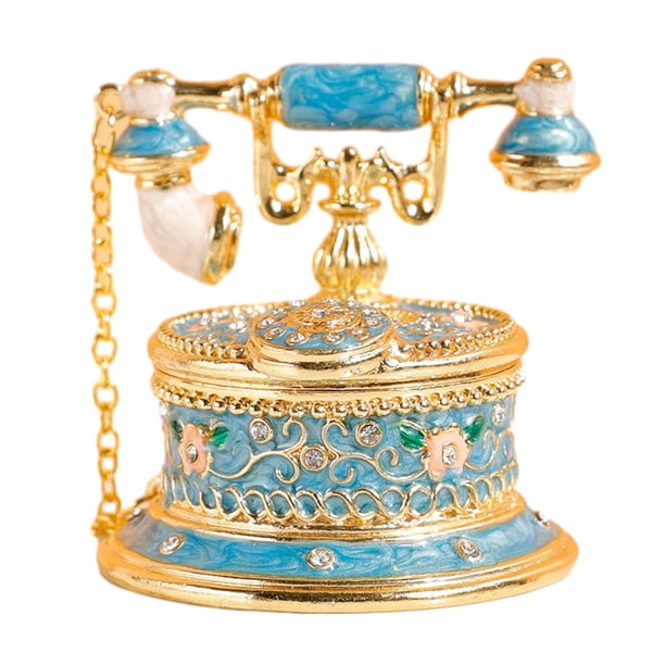 Caja de baratija para joyería, organizador de joyas, figura de teléfono, caja de coleccionista para decoración del hogar con anillos con bisagras, pen azul