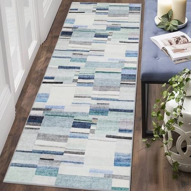 Runner Rug Washable Checkered Rugs for Living Room Bedroom Kitchen Hallway Entryway Laundry Contemporary Abstract Rug Modern Geometric Rug Low Pile Office Rug Non Slip Blue