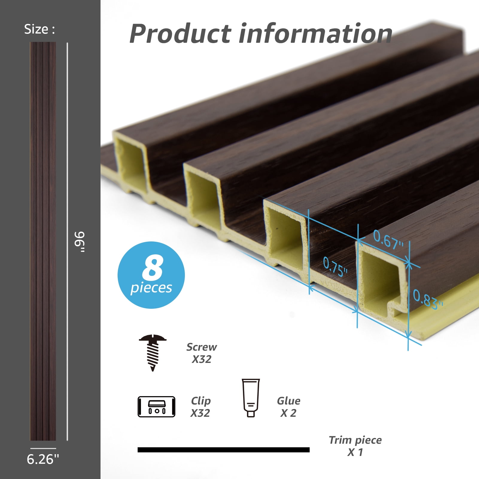 Art3d Slat Wall Panel,WPC Acoustic Diffuser 3D Wall Panel,8 Pieces 96x6 inch-Dark Brown(32 sq.ft/Case)