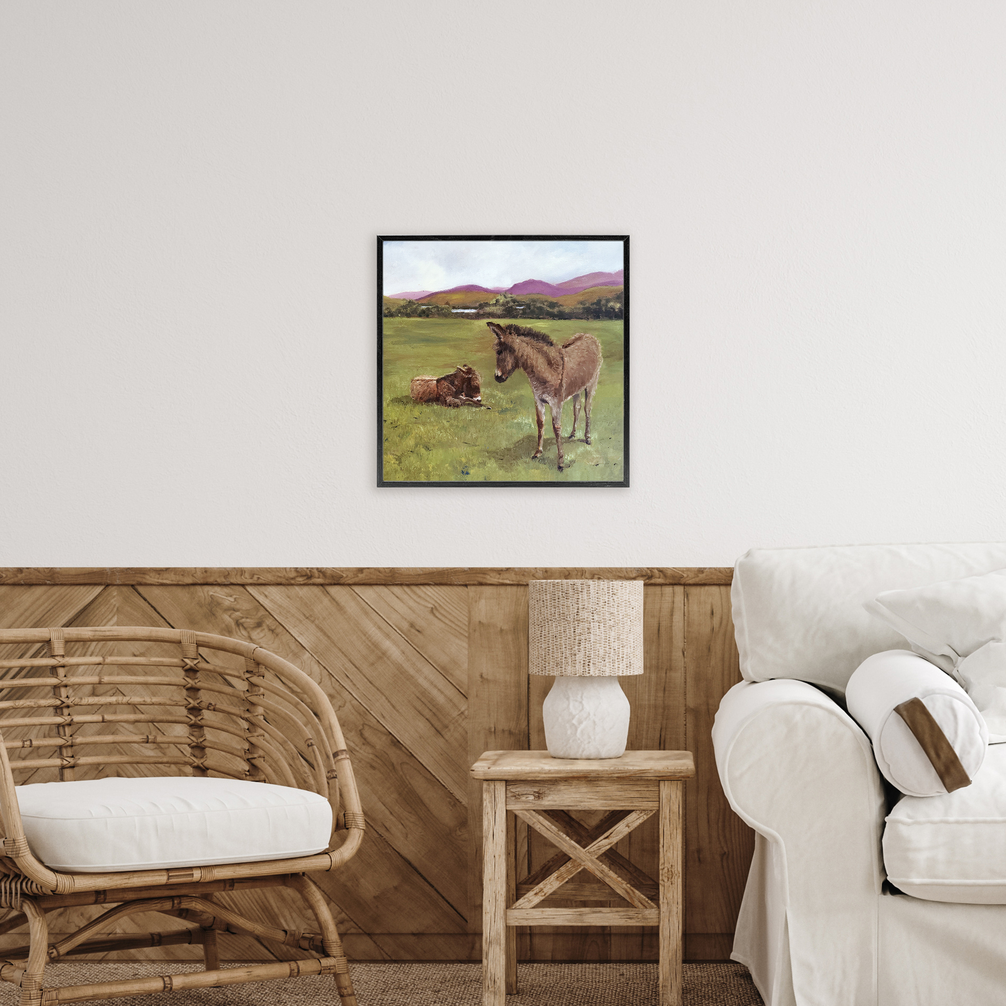 Donkey Duo in Pasture Black Framed Giclee Art, design by Patricia Reynolds