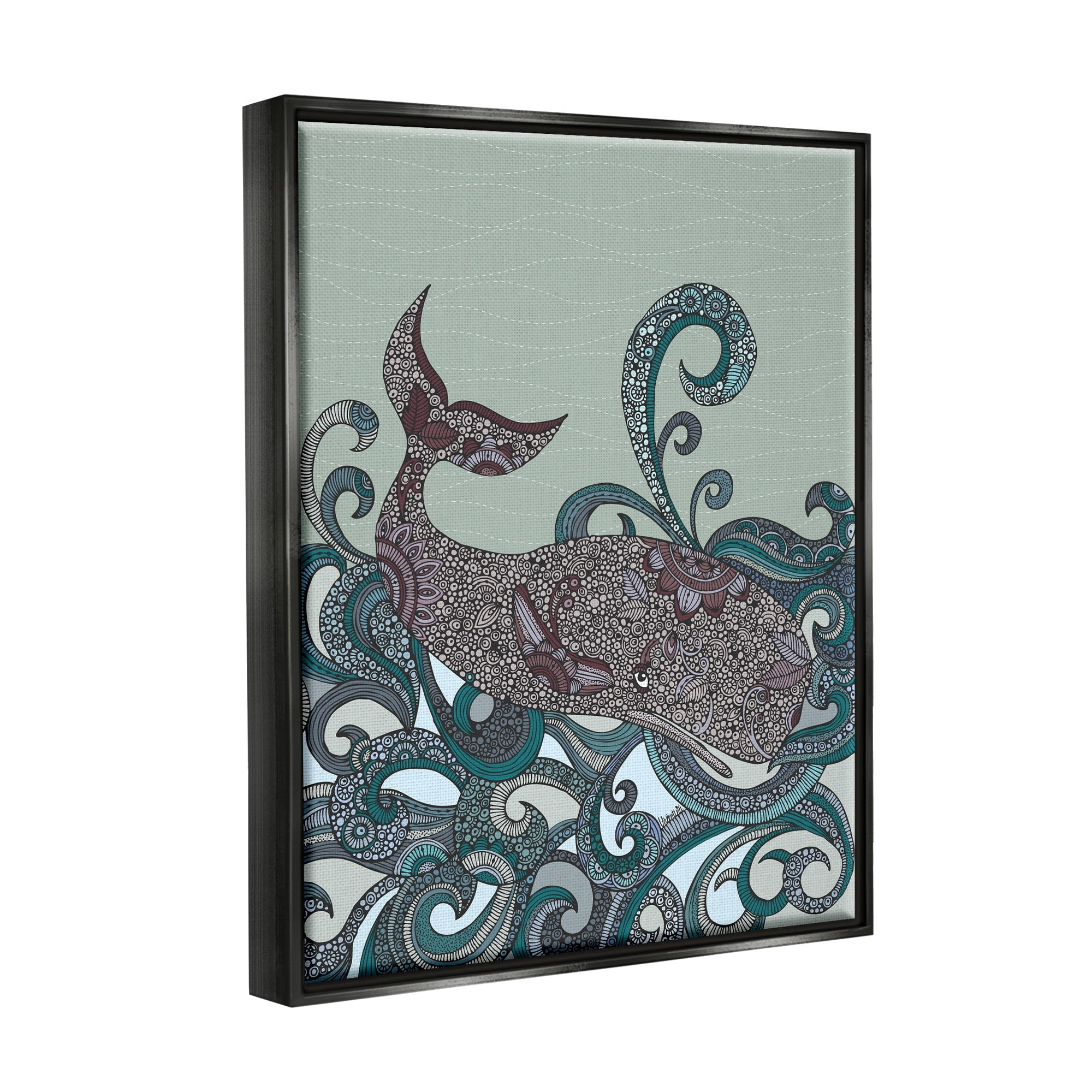 Stupell Industries Nautical Whale Surrounded Intricate Patterned Swirl Shapes Graphic Art Jet Black Floating Framed Canvas Print Wall Art, Design by Valentina Harper