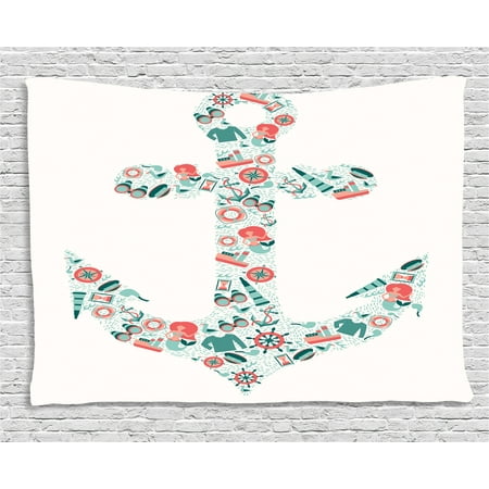 - Anchor Tapestry, Nautical Icon Shape with Binoculars Captain Hat Compass Mermaid Figures, Wall Hanging for Bedroom Living Room Dorm Decor, 60W X 40L Inches, Seafoam Coral Teal, by Ambesonne