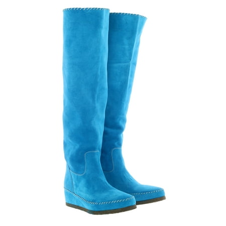 

Daniela Fargion Turquoise Suede Knee High Wedge Low Heel Boots-11 for Womens