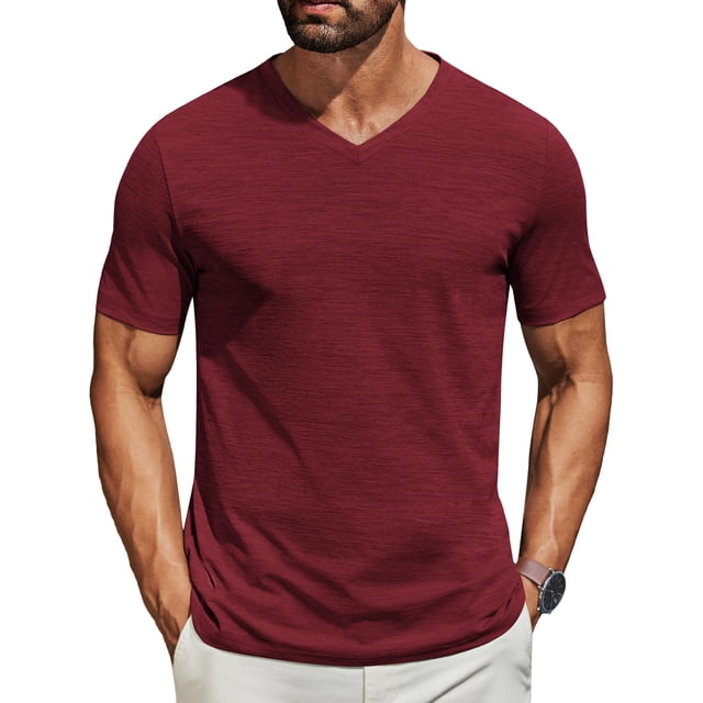Camiseta COOFANDY para hombre de manga corta con cuello en V, color rojo vino