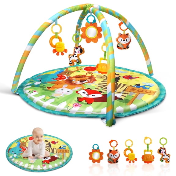 Baby Gym Mat , HDJ Washable Baby Activity Play Mat with 5 Detachable Toys for Boys and Girls, Infant Toddler Ages 0 Months , Green