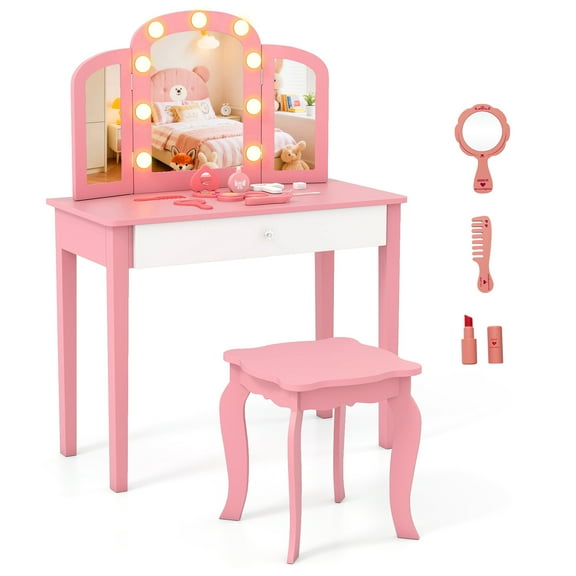 Gymax Kids Vanity Table Set 2-in-1 Princess Makeup Dressing Desk w/Mirror Stool Drawer Pink