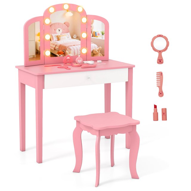 Gymax Kids Vanity Table Set 2-in-1 Princess Makeup Dressing Desk w/Mirror Stool Drawer Pink