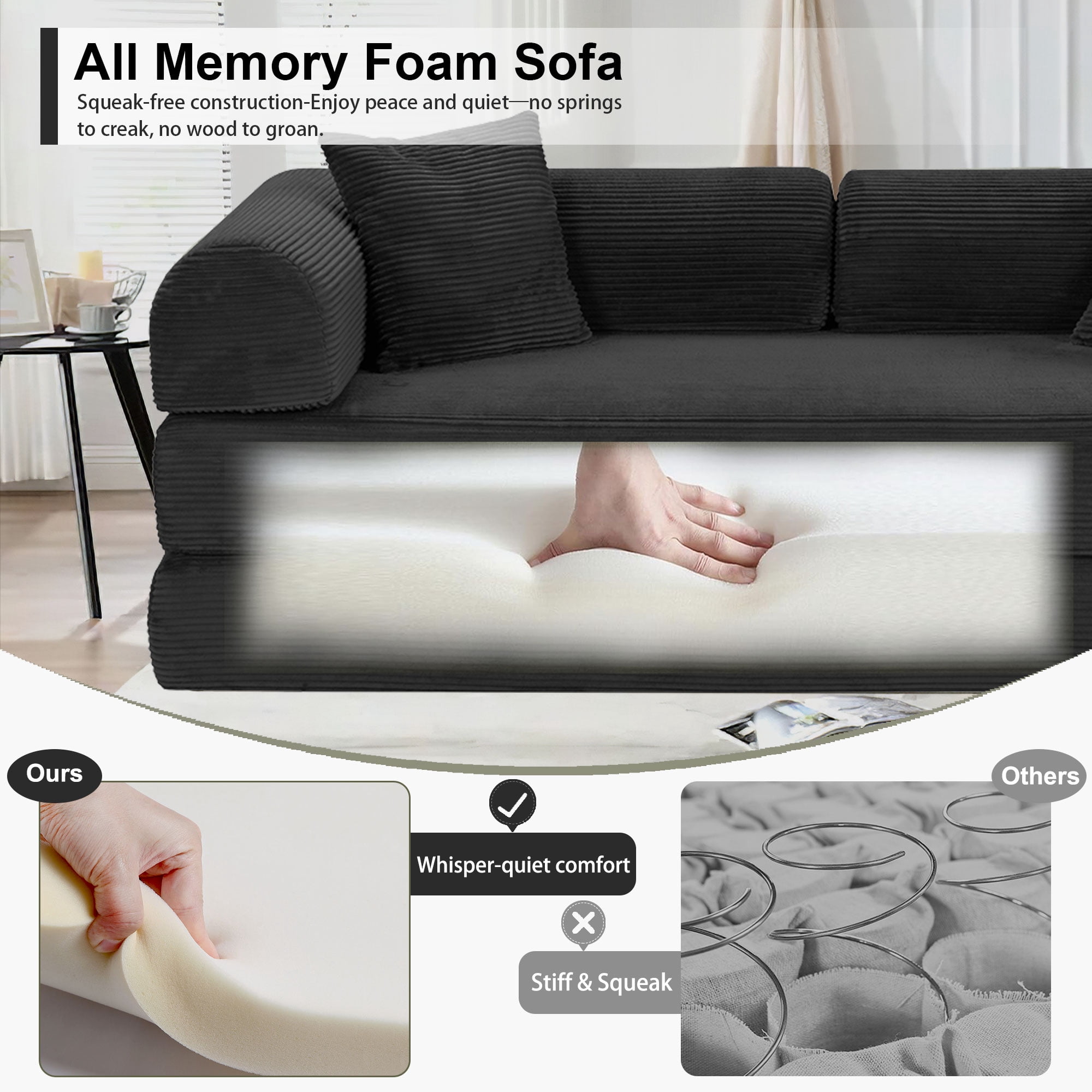 Convertible Floor Sofa Bed, Holaki 63" Foldable Compression Loveseat Lounge Sleeper Sofa with Pillow & Fixed-Shape Frame, Corduroy Folding Boneless Sofa Couch for Living Room, Small Space, Black