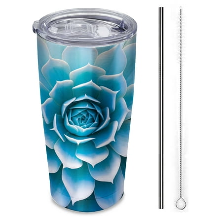 

light blue succulent flower showcasing intricate petals Insulated 20 oz Stainless Steel Travel Tumbler Reusable Straw & Brush Hot & Cold Drinkware for Car Office Outdoor