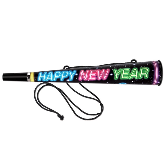 Club Pack of 25 Black and Neon Colored "Happy New Year" Mega Trumpet Horn Party Favors 14"