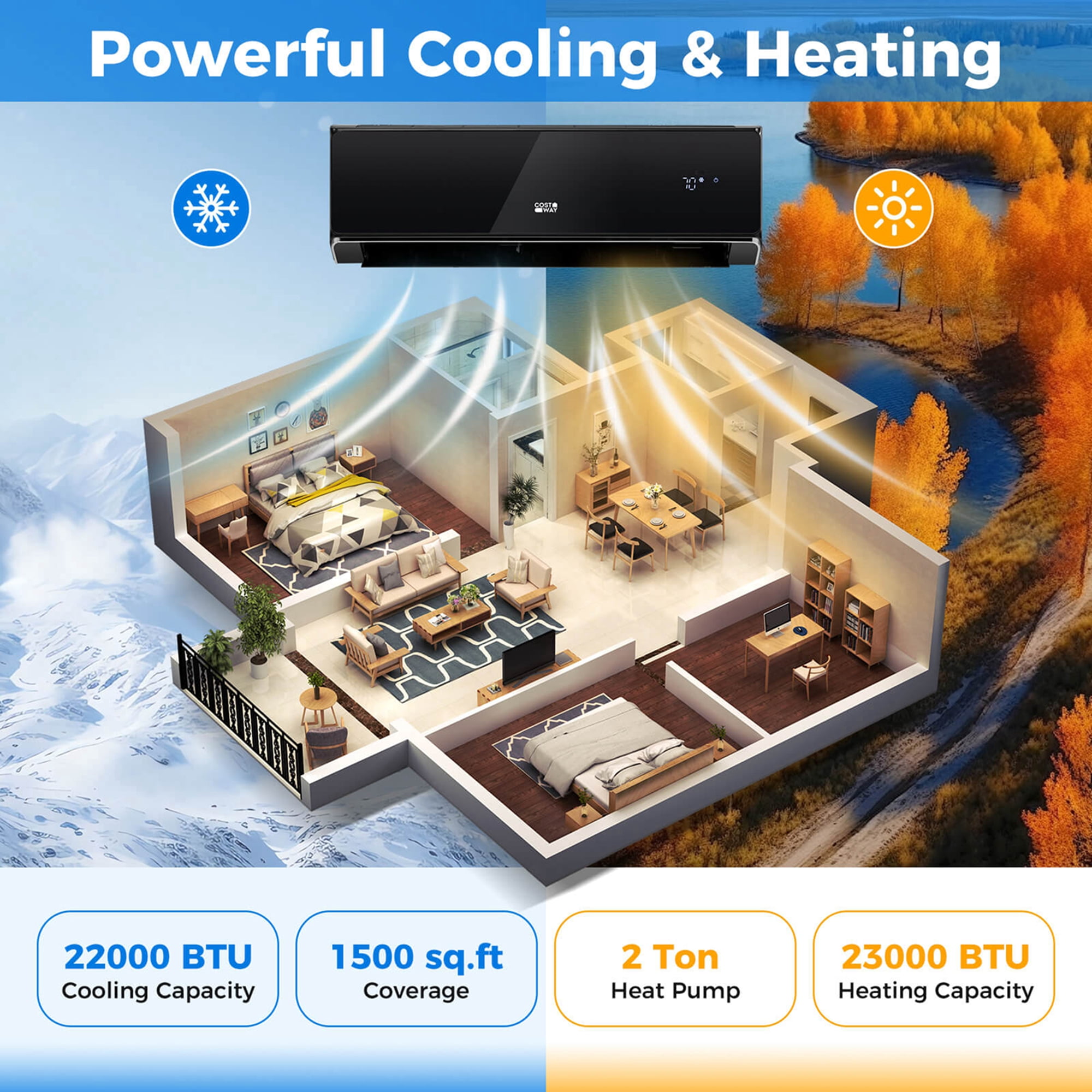 Costway 24000 BTU Wifi Enabled Mini Split Air Conditioner & Heater with Heat Pump Black