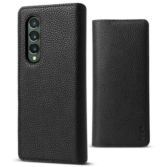 Ringke Folio Signature Standard Compatible with Samsung Galaxy Z Fold 3 Case Handcrafted PU Leather Flip Wallet Cover with Card Slot - Black