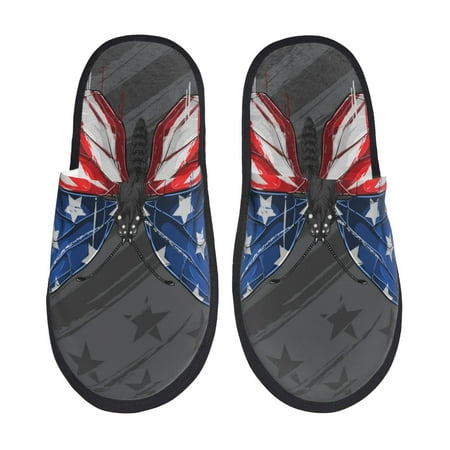 

Fuzoiu Butterfly With USA Flag Print Unisex Furry Slippers Plush Indoor Shoes Trendy House Slippers Anti-Skid EVA Sole House Shoes for Home Office and Travel -Large