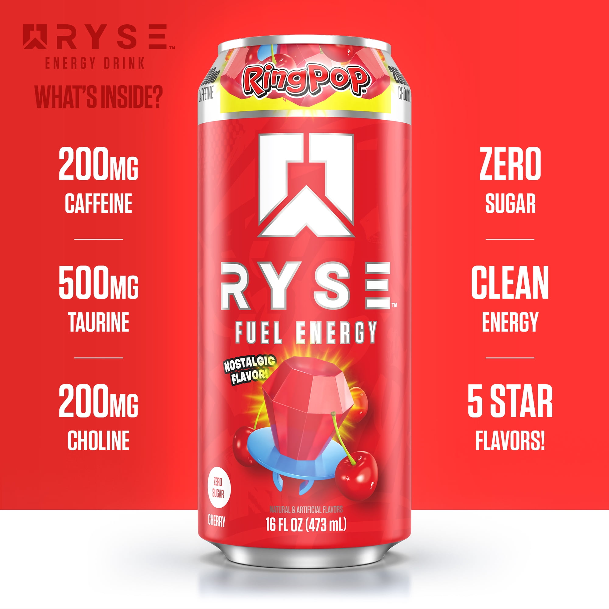 RYSE Fuel Energy Drink - Ring Pop Cherry - Sugar Free - 16 fl oz (12-Pack)