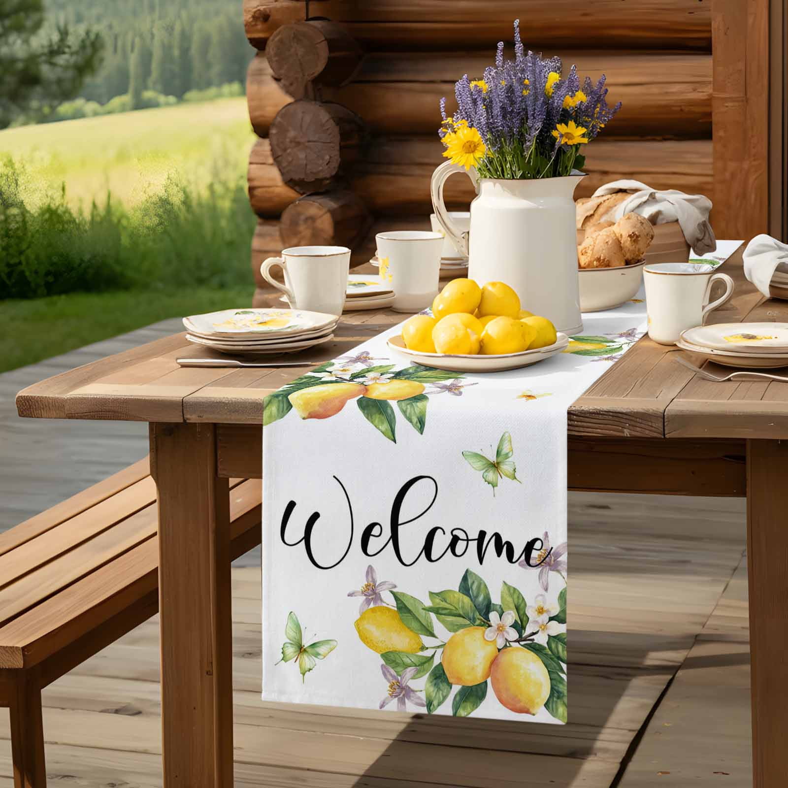 Summer Lemon Flower Leaves Table Runner 90 Inches Long, Butterfly Welcome Quote Table Runners Tabletop Scarf Kitchen Dining Tables Decoration for Home Party Indoor Outdoor