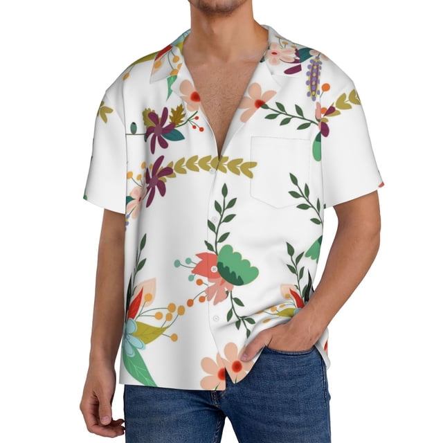 Fotbe Pretty Floral With Leaves Camisa Estampada de Manga Corta para Hombre, Casual de Verano, Estilo Playero, Sin Arrugas-3X-Large