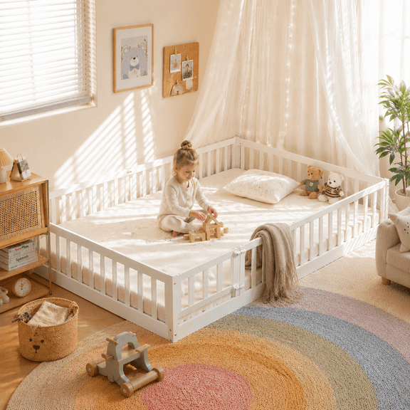 Zimtown Montessori Floor Bed Frame, Full Size Kids Toddler Bed with Fence and Door, Wooden Platform Bed, White