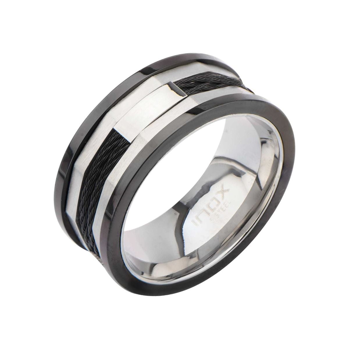 Men's 8mm Stainless Steel Black IP Wire Rope Inlay Ring Band Size 9-13 
