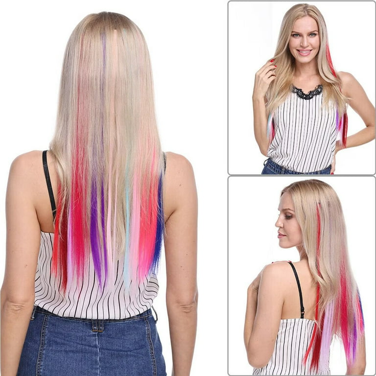 Wiueurtly Extension Holder Doll Head for Hair Styling Kids with Stand  Colored Hair Extensions, Multi-colors Party Highlights Clip In Synthetic  Hair