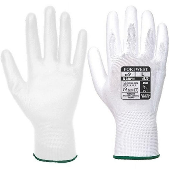 Portwest VA120 Smooth Vending PU Coated Palm Dipped Work Gloves White, Small