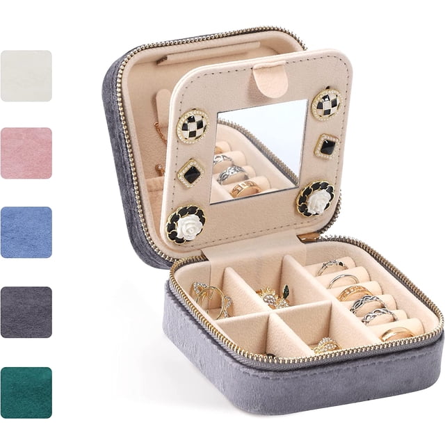 Mini joyero de viaje de terciopelo (gris) con espejo para pendientes, pulseras, anillos, collares