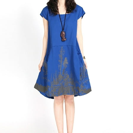Plus Size Cotton Dresses - BAGGUCOR Women's Vintage O-Neck Short Sleeve Dress Maternity Irregular Hem Cotton Linen Casual Plus size Dresses
