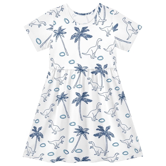joogoo Tropical Cartoon Dinosaur Girls' Short Sleeve Dress Kids Dresses 5-6T
