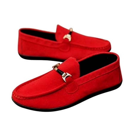 KIJBLAE Men s Suede Loafers Slip On Shoes Comfort Buckle Dress Flats Breathable Driving Moccasins Red 42
