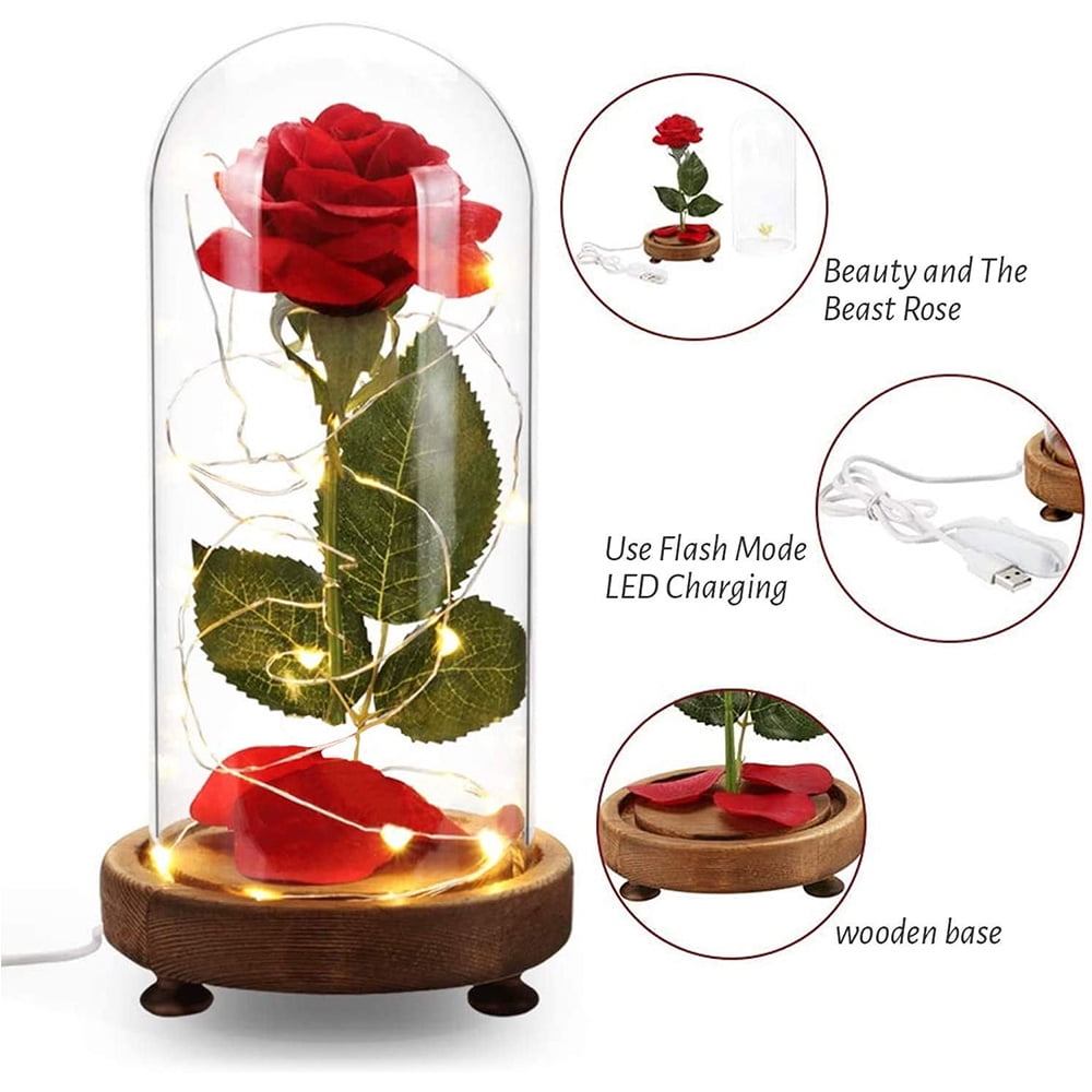 Beauty And The Beast Glass Dome LED Enchanted Red Rose Anniversary Romantic Gift