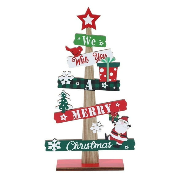 Wooden Christmas Tree Tabletop Decoration with Santa Claus, Snowflakes, Gift Box, and Festive Sign for Holiday Home Decor