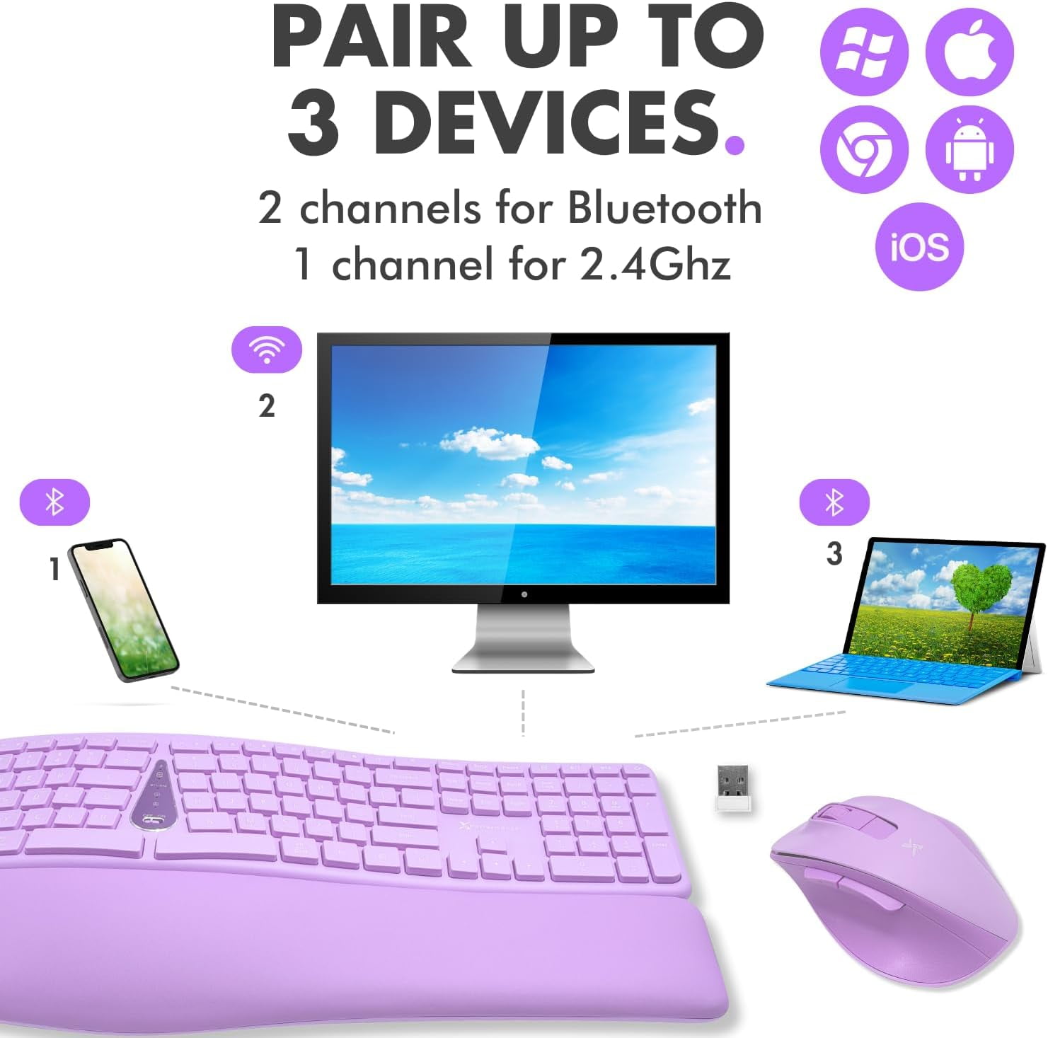 X9 Purple Ergonomic Keyboard Mouse Wireless Combo - Type Comfortably - 2.4G/Bluetooth Split Keyboard, Multi-Device, Soft Wrist Rest, Rechargeable, Silent Ergo Keys - Laptop, PC, Mac,iOS,Android