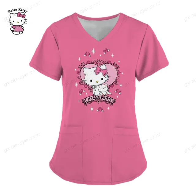 Uniforme de enfermera Kawaii para mujer, Tops con estampado de Hello Kitty, monos de manga corta con bolsillo, blusa médica de enfermería