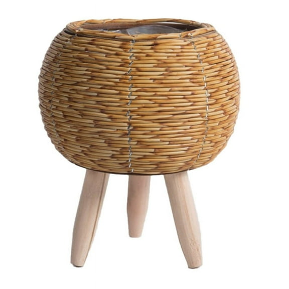 Vintage Imitation Rattan Woven Flower Shelf Handmade Storage Basket with Wooden Legs Plant Pot Stand Holder,F