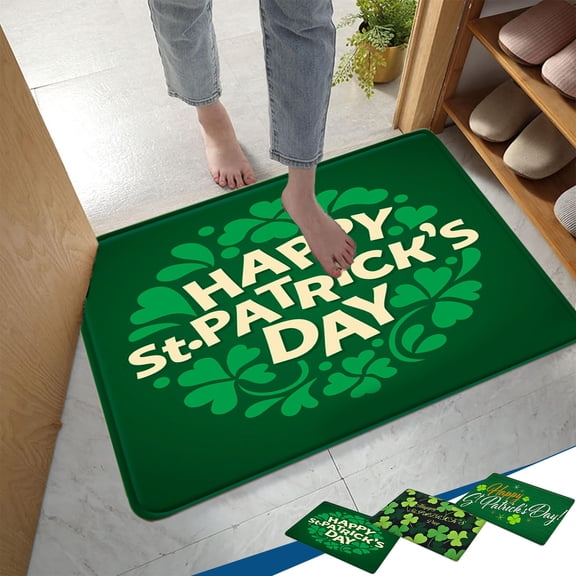 Vwrxbz St Patrick's Day Door Mat, 16x24 inFront Door Welcome Mat Shamrock Clover with Non Slip Rubber Backing Super Absorbent Washable Low Pile Floor Mat