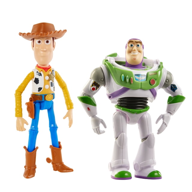 Disney et Pixar Toy Story Jouets Figurines d'Action Woody et Buzz de 7 Pouces, Lot de 2, Mettant en Vedette Woody avec Chemise Jaune, Veste à Imprimé Vache, Pantalon Bleu, Bottes Brunes et Chapeau de cowboy, Buzz Lightyear en Tenue Spatiale Blanche et Verte avec Articulations Articulées, Posé sur un Fond Blanc.