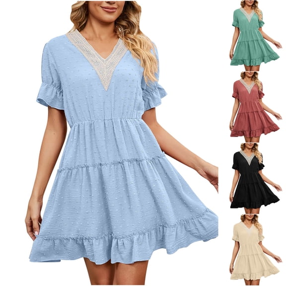 Antinious Women V-Neck Loose Solid Elastic Waist Lace Soft Casual Comfortable Versatile Dress