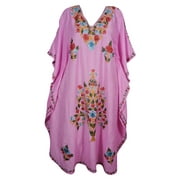 Mogul Womens Long Maxi Kashmiri Caftan Pink Ethnic Floral Embroidered Kimono Sleeves Holiday Kaftan Dress