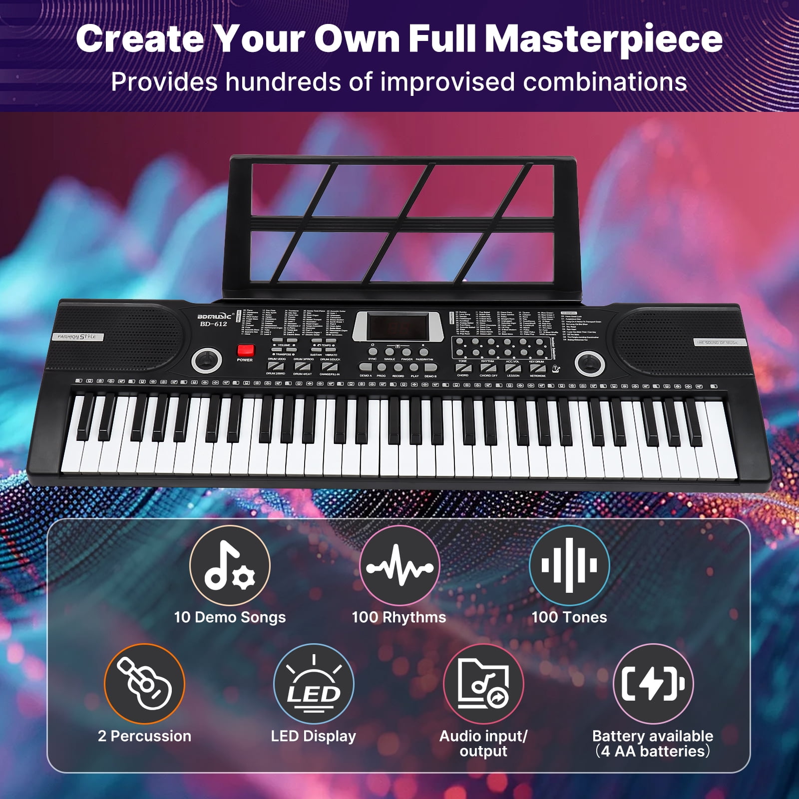 iMeshbean 61 Keys Keyboard Piano Electronic Digital Piano w/Built-In Speaker Microphone（black）