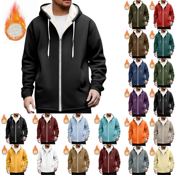 Xcmzpl Hoodies for Men Heavyweight Fleece Sweatshirt Full Zip Up Thick Sherpa Lined Hooded Jacket Solid Winter Outwear Pocket