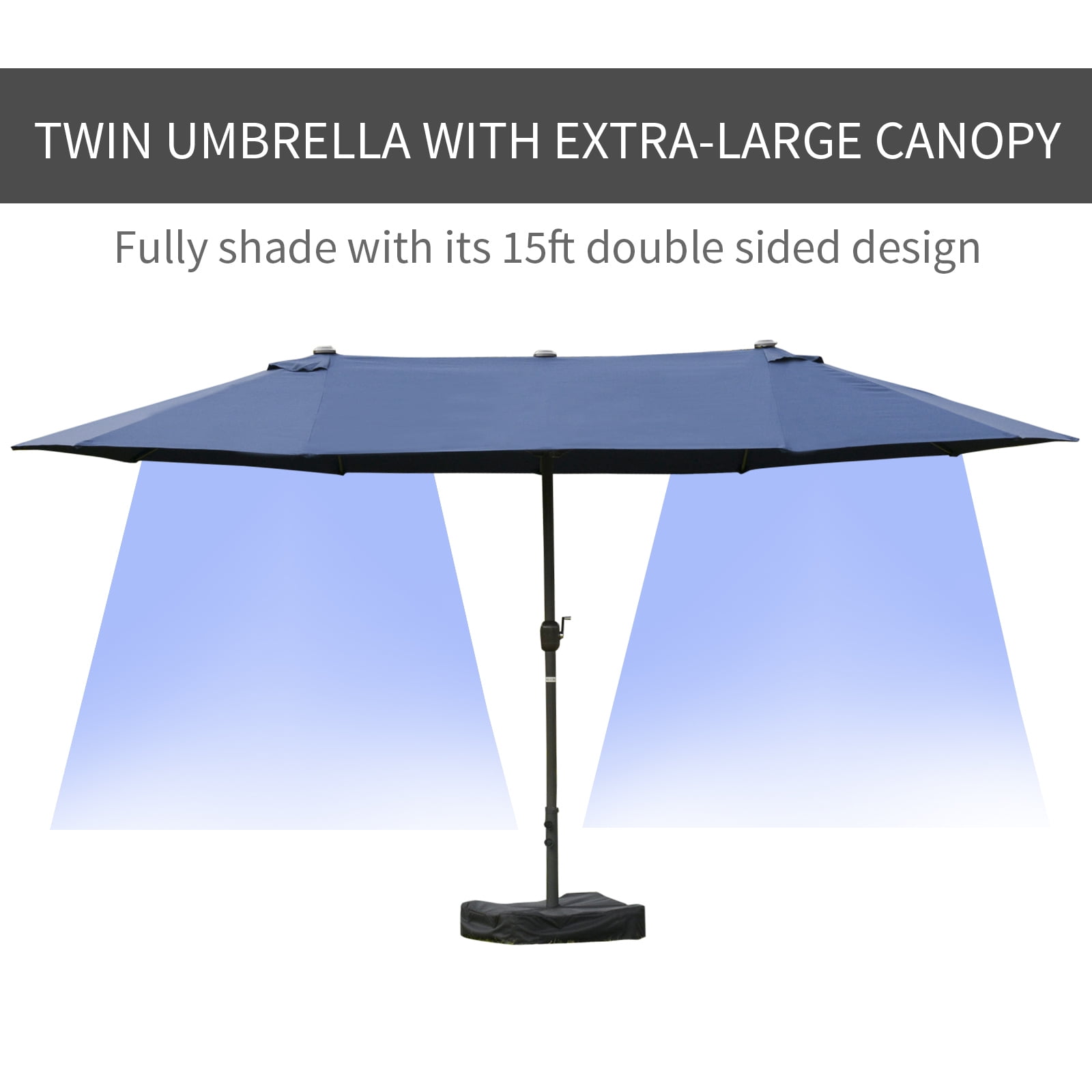Outsunny Patio Umbrella 15' Steel Rectangular Outdoor Double Sided Market with base, Sun Protection & Easy Crank for Deck Pool Patio, Dark Blue